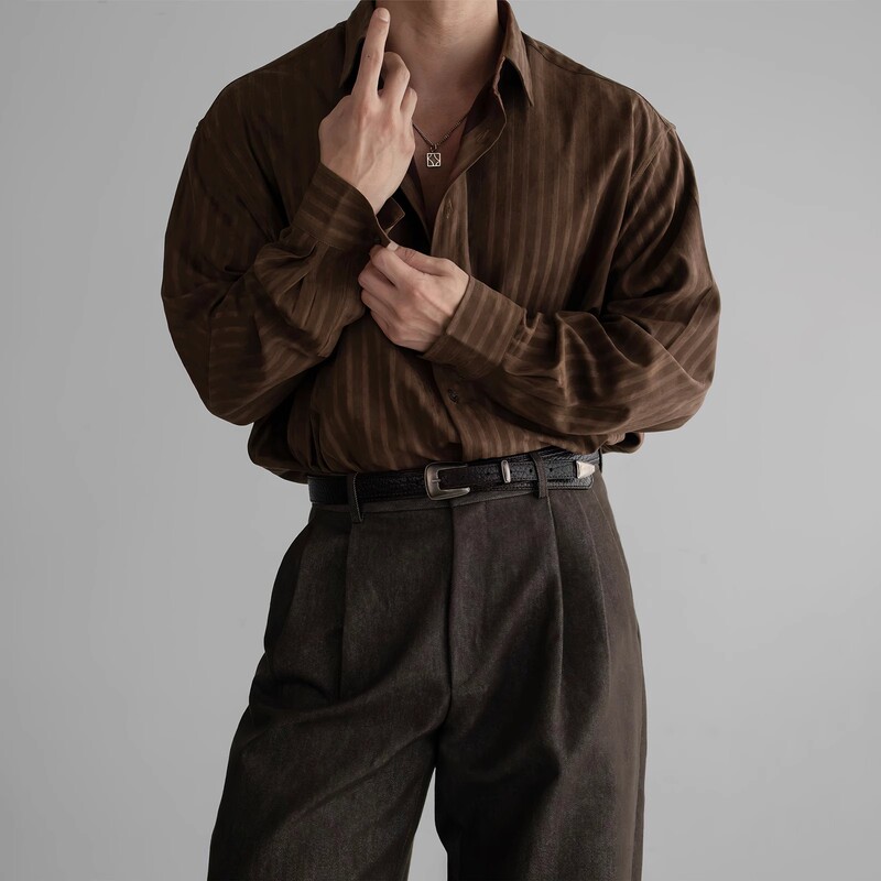 Textured Casual Long-Sleeved Shirt Men's Autum Tops Retro Light Mature Style Men's Heavy Vertical Stripesd Shirt Trendy