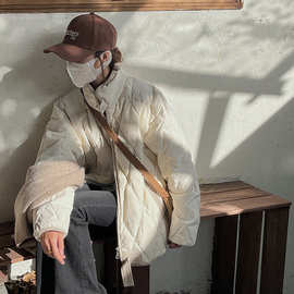 冬季日系立领宽松菱形格棉衣女新款潮牌复古情侣休闲保暖棉服外套