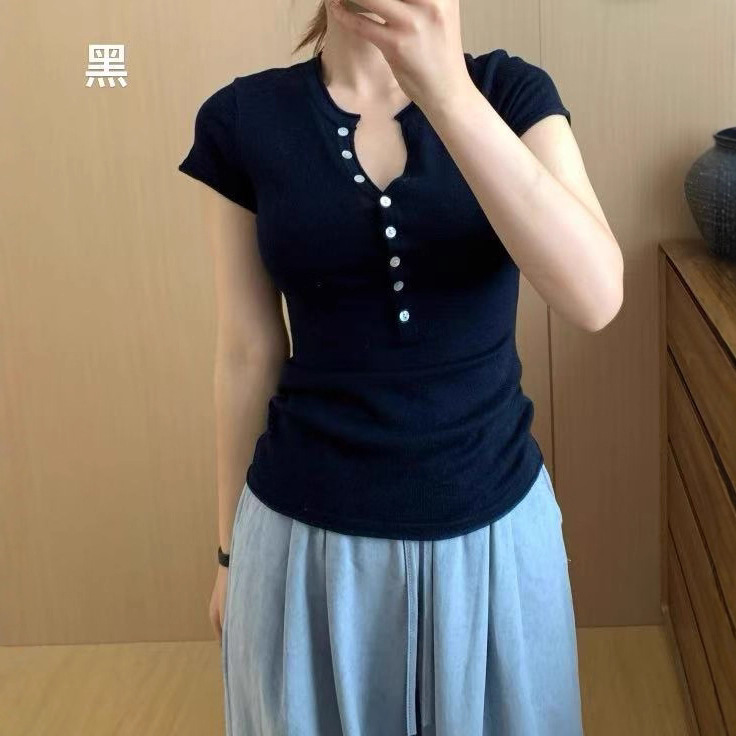 2025秋季新款韩系设计感高级收腰修身显瘦正肩纽扣短袖T恤上衣女|undefined