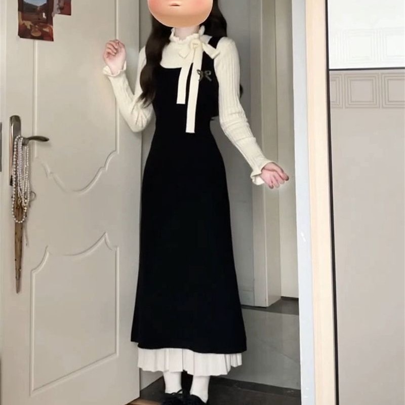 气质感法式连衣裙女秋冬赫本温柔小香风假两件针织收腰包臀裙|undefined