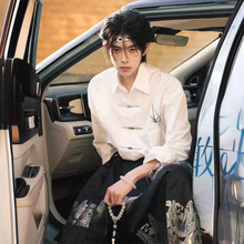 中国风男装新中式衬衫男高级感痞帅上衣搭配马面裙的白色衬衣长袖