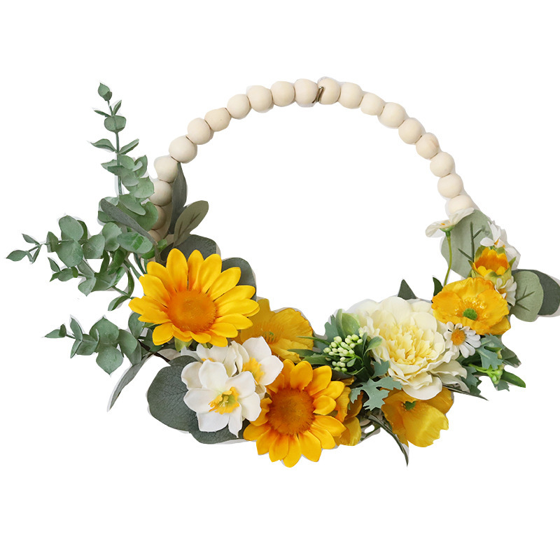 Fresh ins Sunflower Money Leaf Artificial Flower Fake Flower Wooden Bead Homestay Wall Indoor Light Luxury Door Lintel Wreath