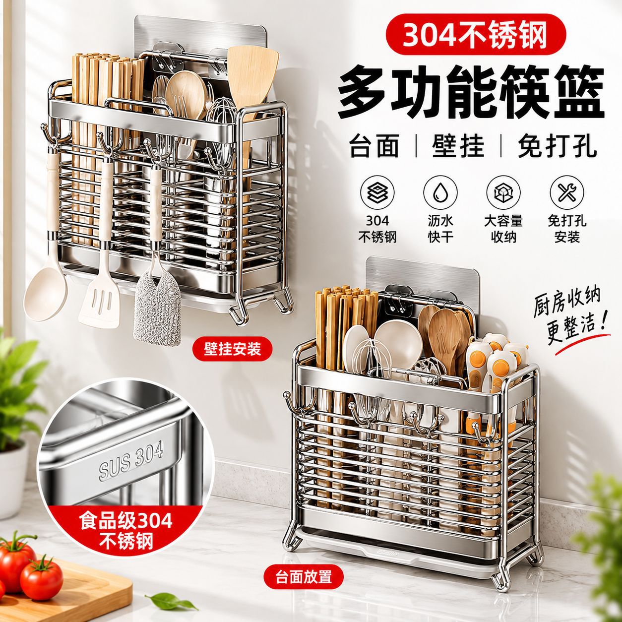 304 stainless steel chopstick holder, wall-mounted, no drilling required, chopstick storage box, chopstick rack, ventilated and draining chopstick basket