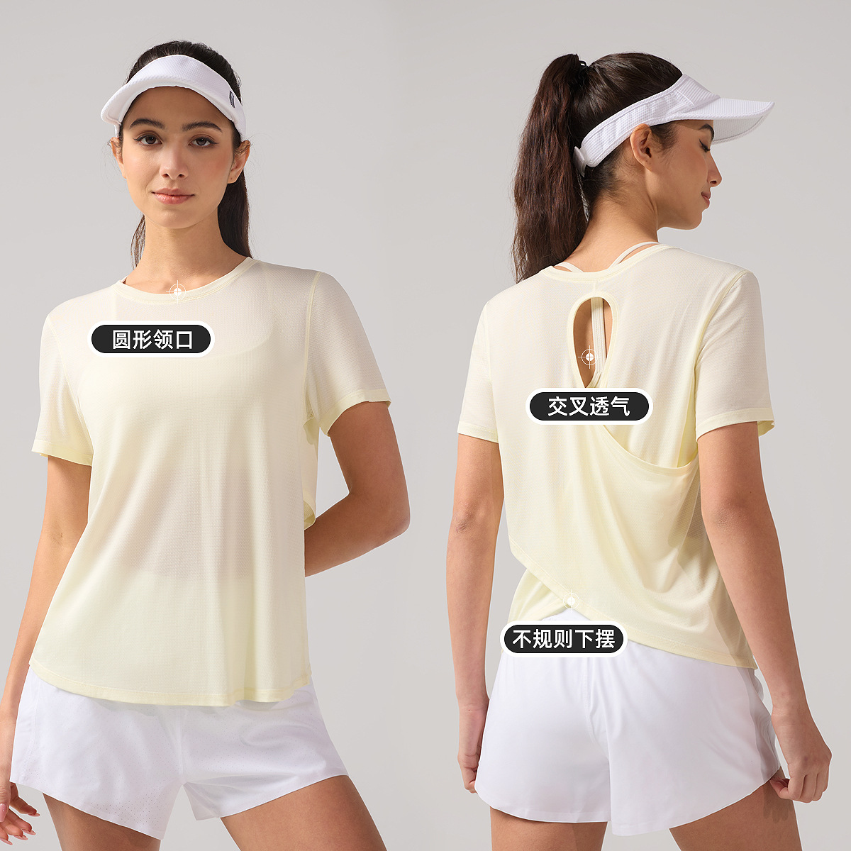 Verano fresco de mangas cortas mujeres transpirables ropa de yoga de espalda gorra de cuello redondo camiseta de correr de secado rápido camiseta de deporte agujero
