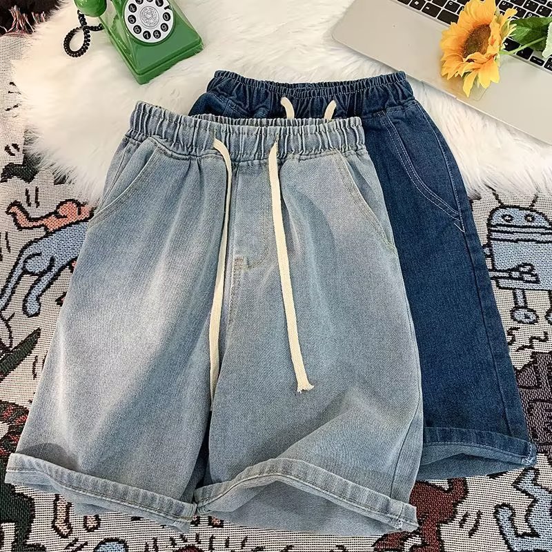 Denim Shorts Men's Large Size New Korean Version Trend Drawstring Straight Five-point Pants Summer Thin Hong Kong Style Casual Pants_viptrois.com