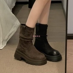 厚底褶皱堆堆靴女2025新款早秋季靴子马丁靴棕色炸街小短靴瘦瘦靴