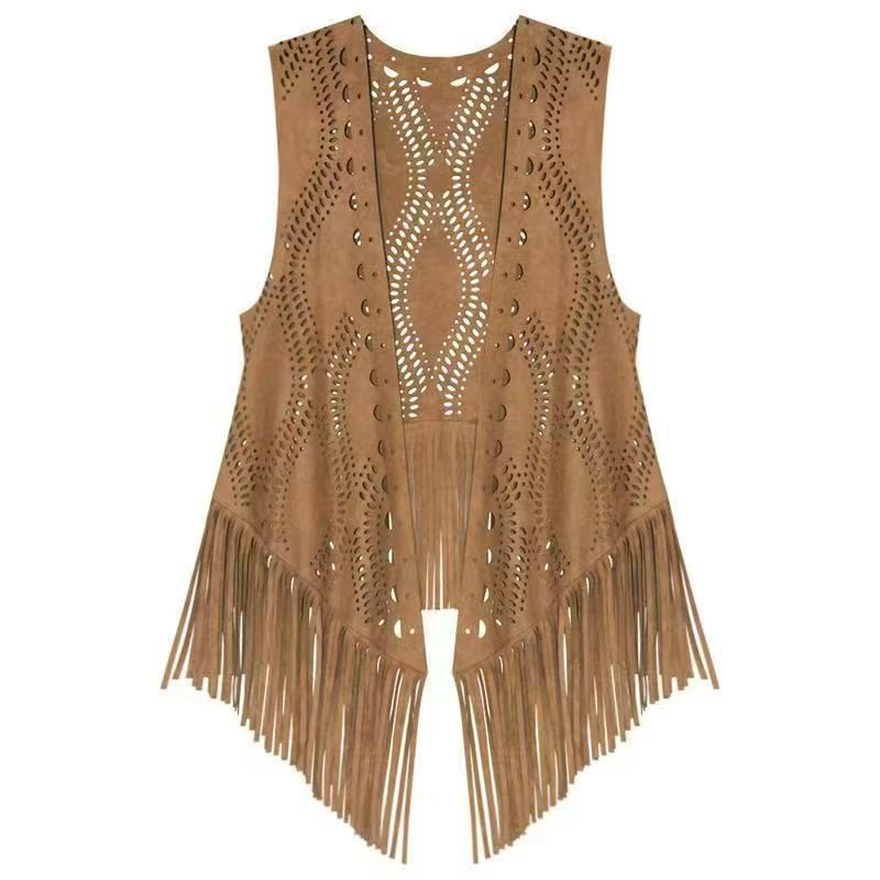 民族风复古麂皮绒马甲女刺绣搭配裙子外套波西米亚流苏开衫