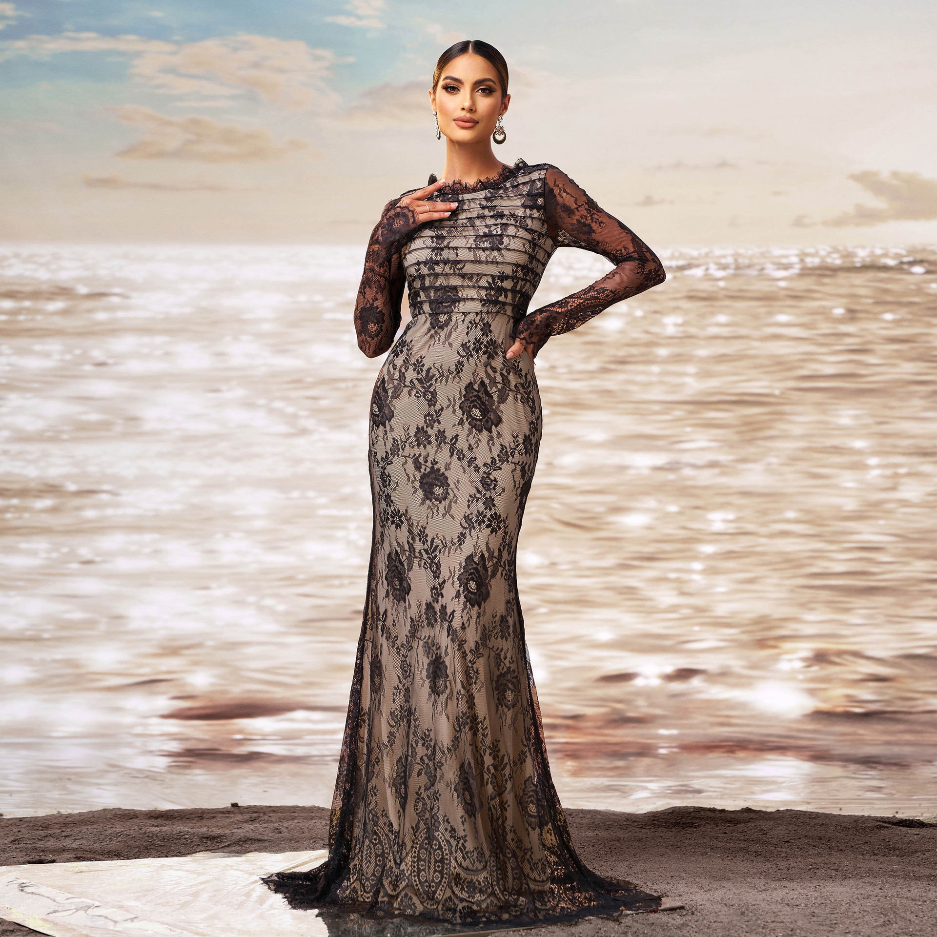 European And American New High End Long Sleeved Round Neck Banquet Mesh Hip Wrapped Fishtail Evening Dress Bridesmaid Dress Dress Women_ecoleips.com