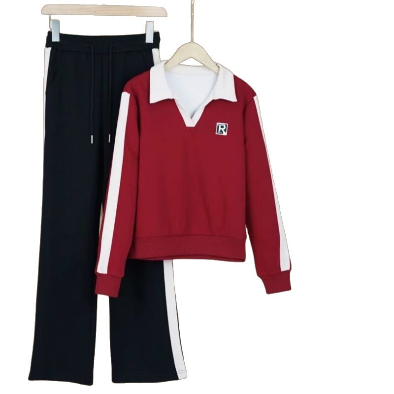 休闲运动服套装女2025春秋季新款时尚洋气宽松翻领长袖卫衣两件套|undefined
