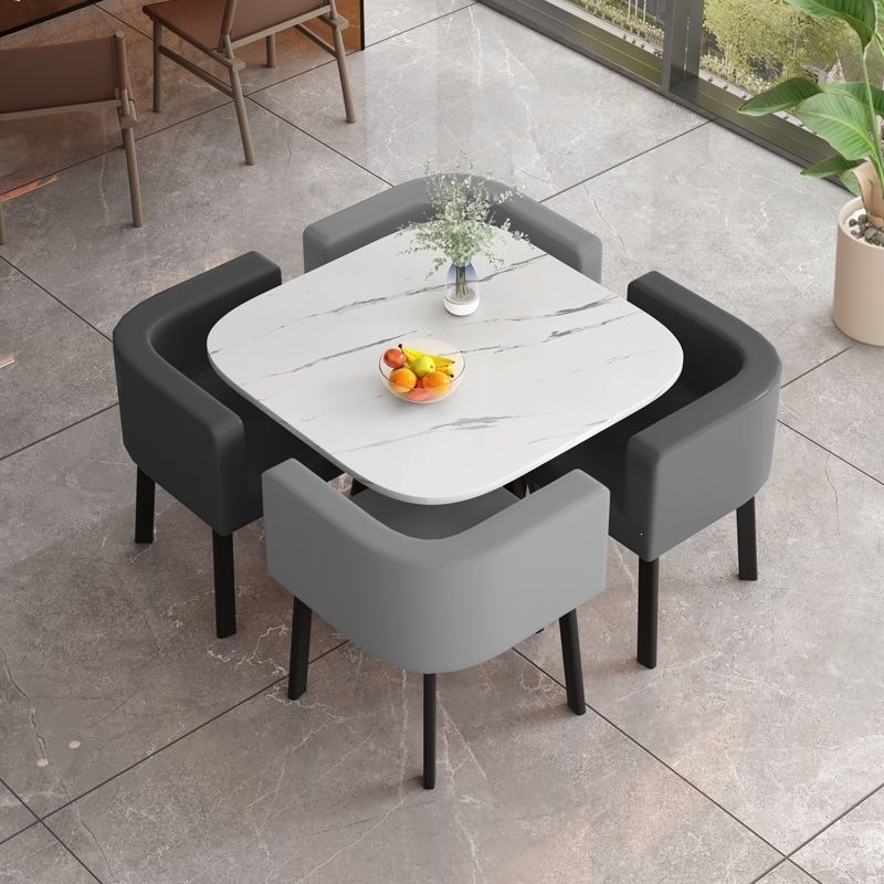80CM white pattern square table + 2 dark gray 2 light gray leather chairs