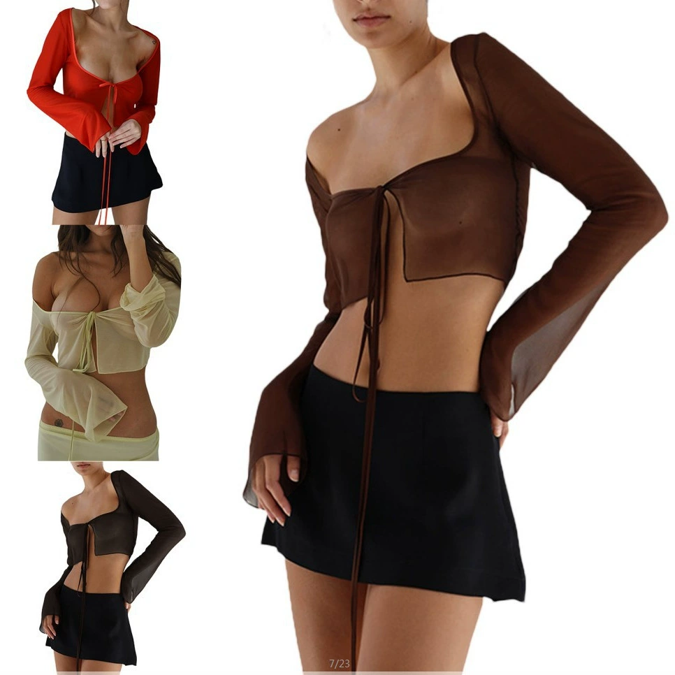 Характерный Прозрачный квадратный воротник с низким вырезом, сетчатый ремешок с длинным рукавом, короткий топ, летняя новая Европейская и американская Женская трансграничная Прямая поставка