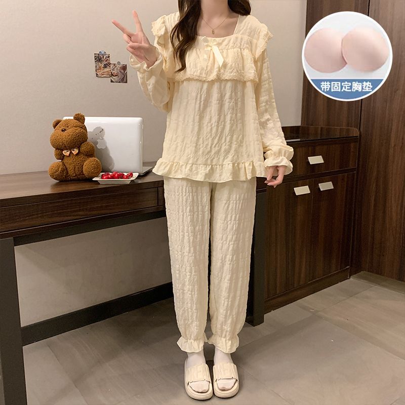 Al por mayor transfronterizo primavera y otoño nuevo pijama de mujer cinturón de pecho tejido nubes algodón manga larga dulce princesa ropa de estilo casero cubierta