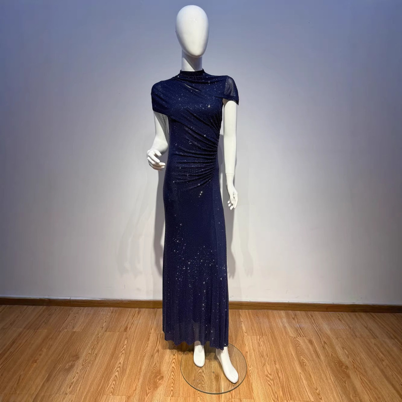 Elegant and Luxurious Short-Sleeve High-Neck Full Rhinestone Bodycon Mermaid Long Dress Birthday Gown Elegant and Luxurious Short-Sleeve High-Neck Full Rhinestone Bodycon Mermaid Long Dress Birthday Gown