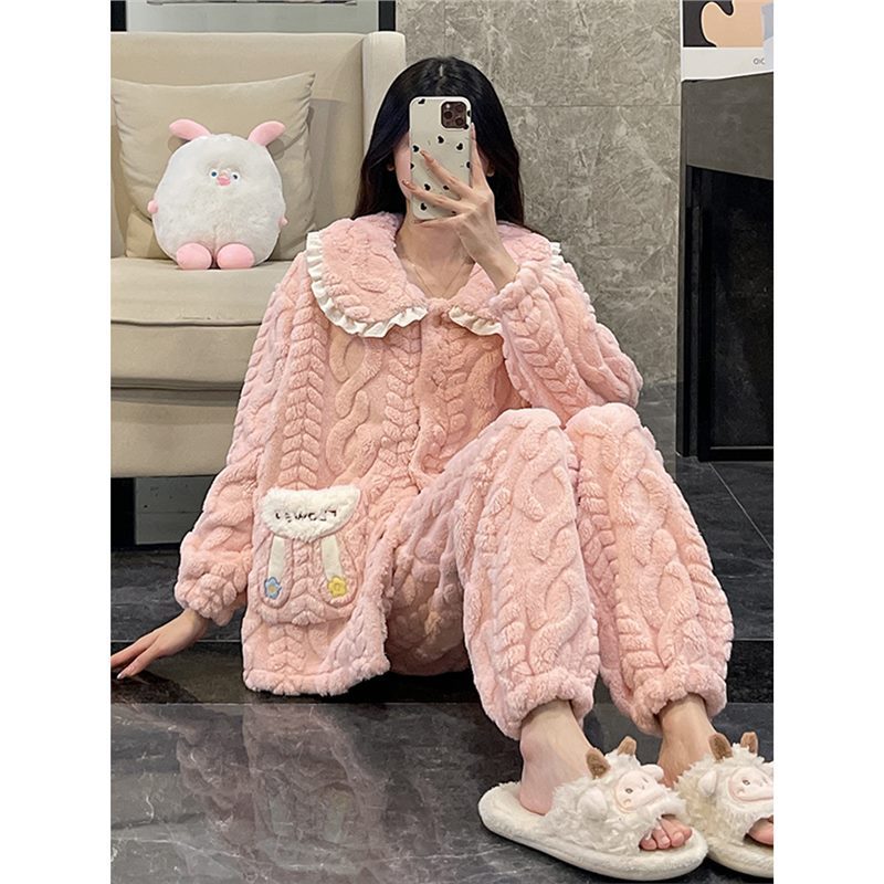 秋冬季珊瑚绒睡衣女款大码加厚保暖法兰绒可外穿春粉红家居服套装|undefined