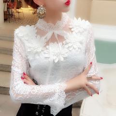 Fashionable small shirt for women 2025 autumn three-dimensional flower hollow long-sleeved lace shirt for women Japanese sweet princess bottom shirt