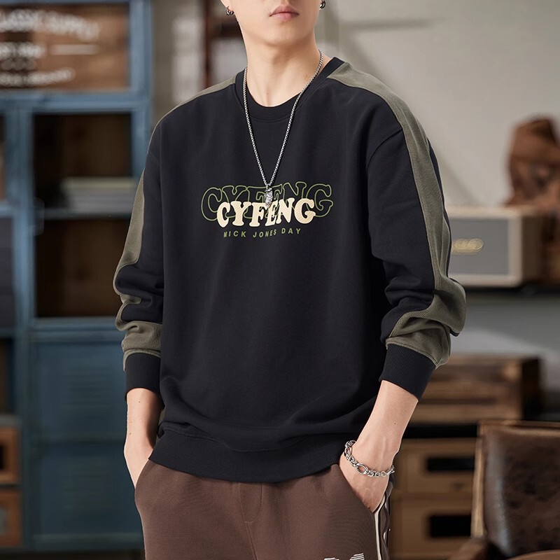 Design Suede Crewneck Sweatshirt Men's Spring and Autumn New All-match fleece-lined Loose Casual Sports Long-sleeved Top