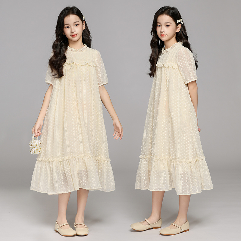 Children's Girls dress Summer Short-sleeved Jacquard Lace Dress 2025 New Children's Little Girl Princess Dress