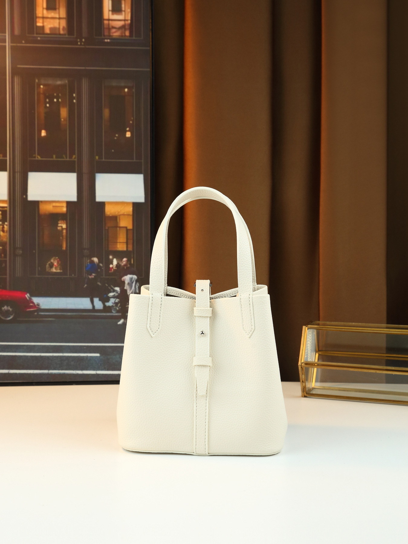 Lychee Pattern Women's Handbag Solid Color Bucket Bag Versatile Shoulder/Crossbody Bag For Commuting PU Leather Zipper Closure Medium Size_voghion.com