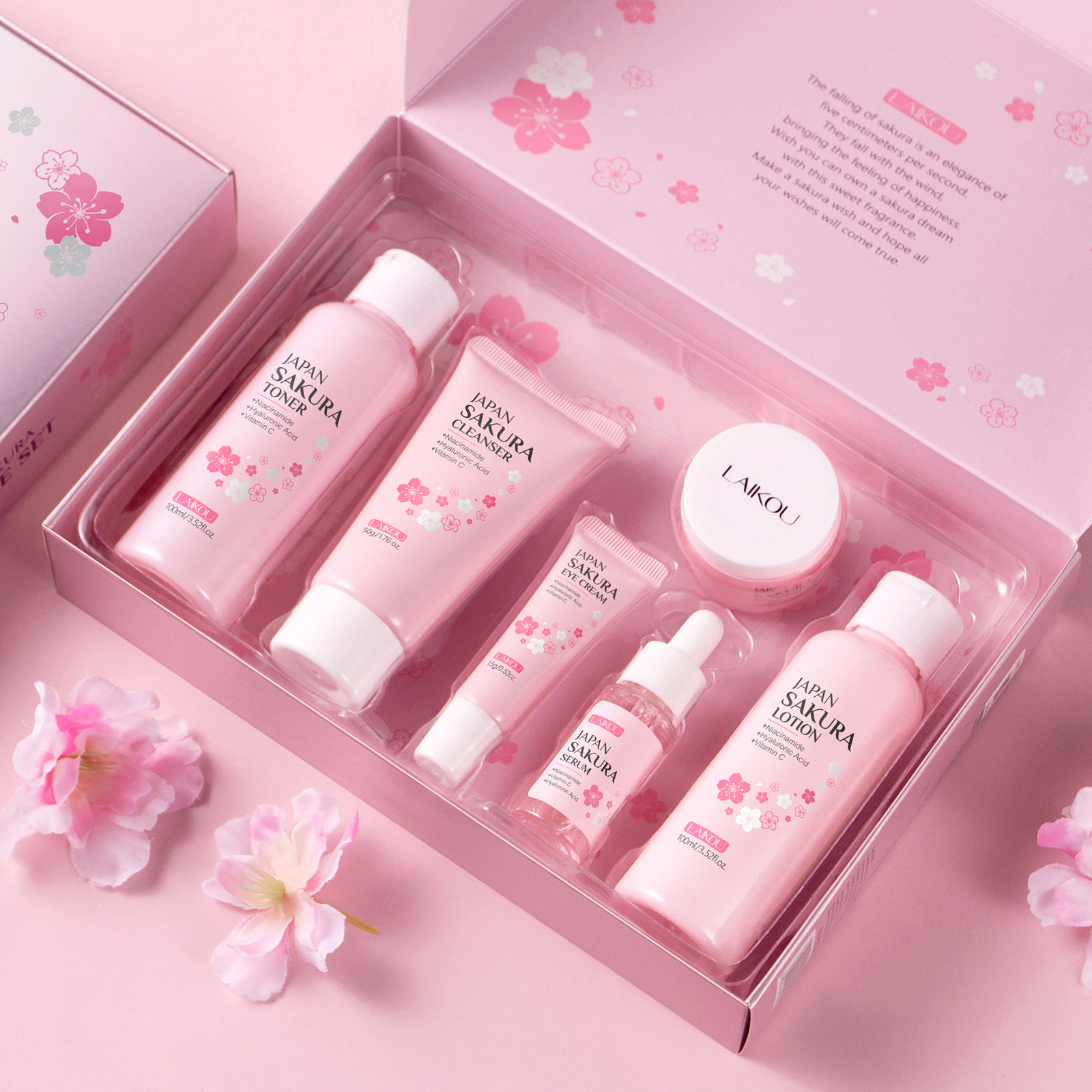 Cross-border LAIKOU Cherry blossom skin care box 6pcs. toner facial limpiador, loción para la piel, crema para los ojos