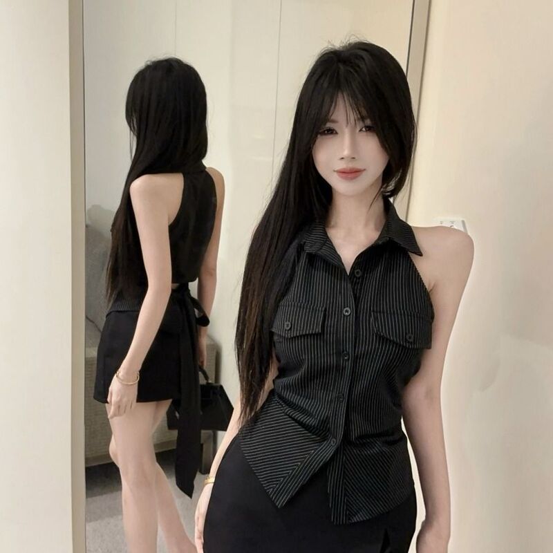 Korean Style Pure Desire Spicy Girl Slim Fit Striped Sleeveless Polo Neck Halter Backless Tie-Up Shirt and Skirt for Women