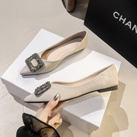French pointed single shoe women's 2024 new temperament square buckle water diamond shallow mouth soft bottom ladyblade shoes