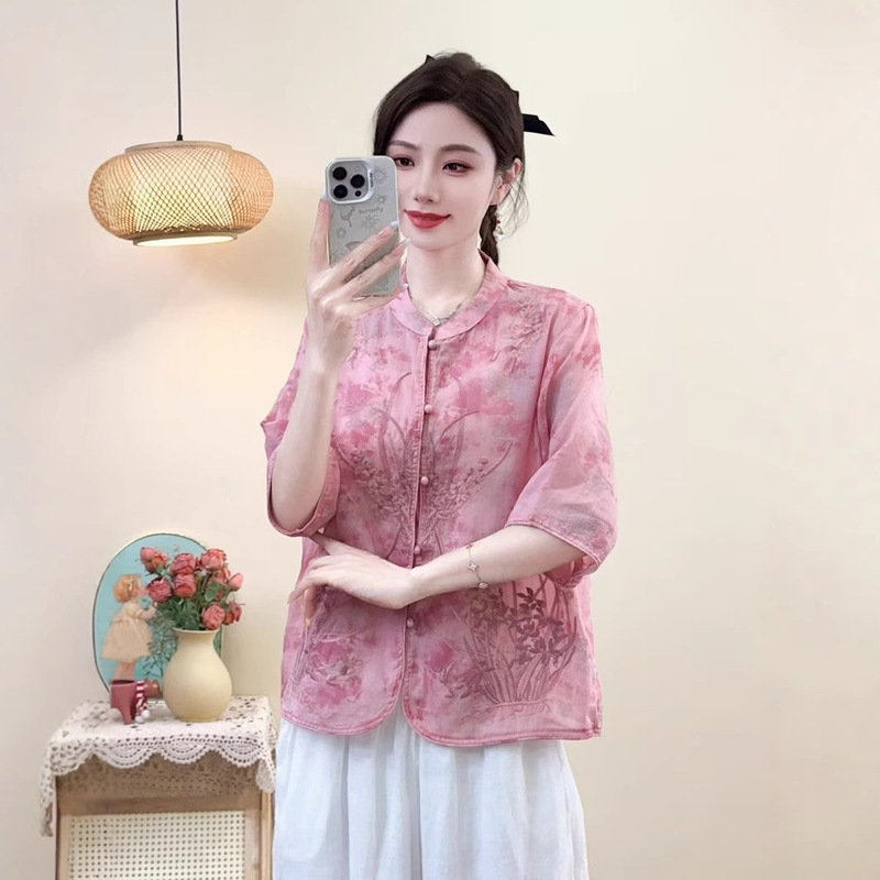 2025 Summer Full-Edge Stand-Up Collar Chinese Style Embroidered Three-Quarter Sleeve Retro Buttoned Shirt Ethnic Style Tie-Dye Cardigan