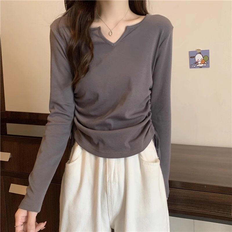Plus-Size Designer Drawstring V-Neck Long-Sleeve T-Shirt for Women, New Spring/Autumn Style, Slimming and Flattering for Curvy Figures, Versatile Top