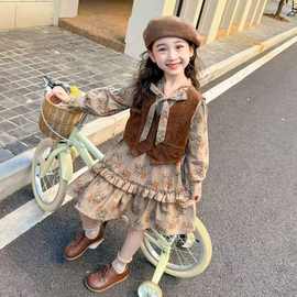 女小童碎花连衣裙秋款女宝宝鹿皮绒马甲春秋装小女孩韩版两件套潮