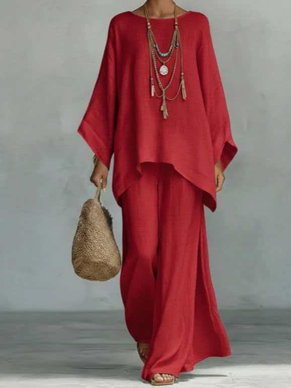 Women's Simple Loose Fit Linen Blend Shirt And Wide Leg Pants Set Casual Comfortable Two-Piece Outfit_ecoleips.com