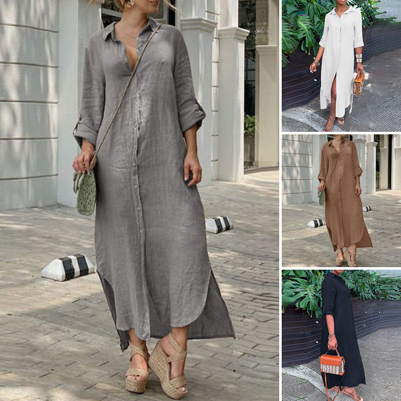 Damen Langarm Kleid Aus Leinen Und Baumwolle Mit Knopfleiste_voghion.com