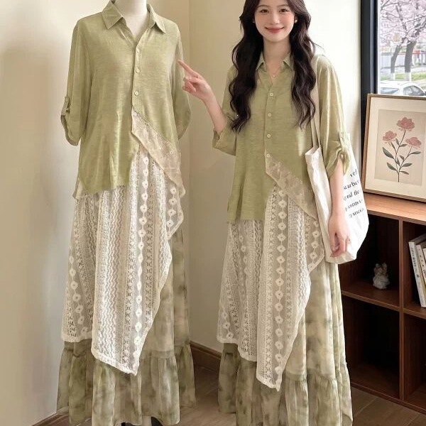 2026 Summer Design-Inspired Retro Irregular Patchwork Short-Sleeved Shirt + Floral Skirt Plus-Size Two-Piece Set