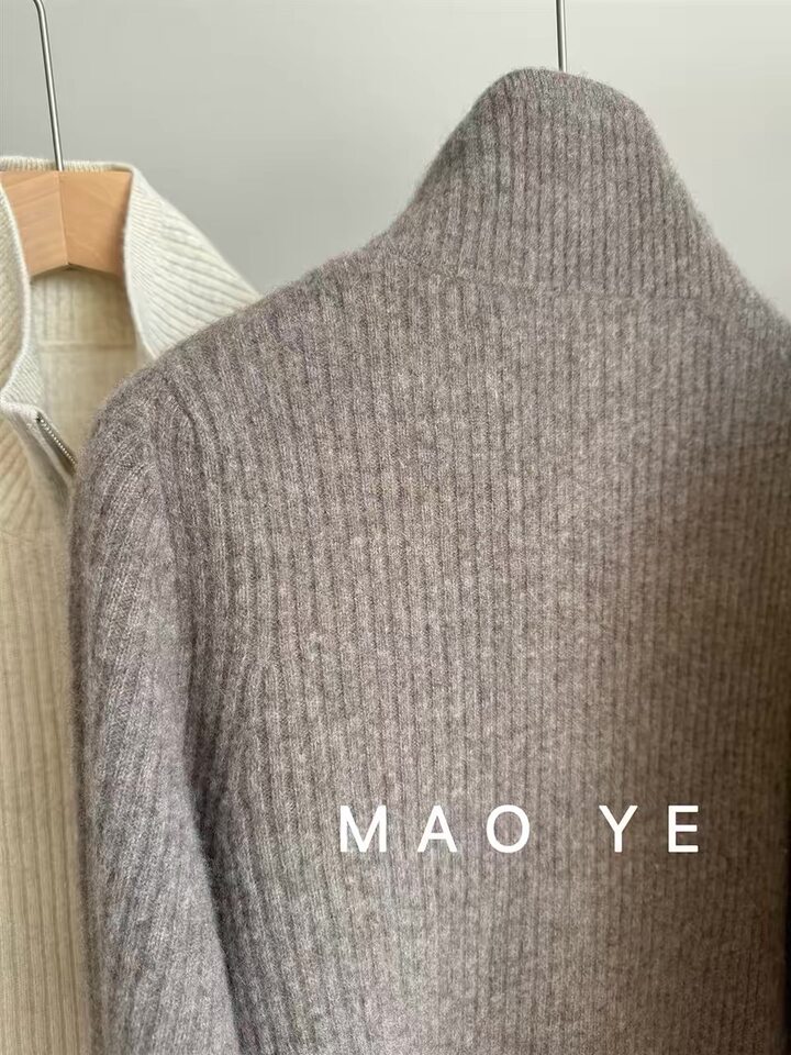 Áo khoác cardigan len lông cừu nguyên chất dài tay cổ bán cao, khóa kéo đôi, sọc gân dọc tôn dáng — Màu cà phê, Màu tự nhiên, màu đen chi tiết 15