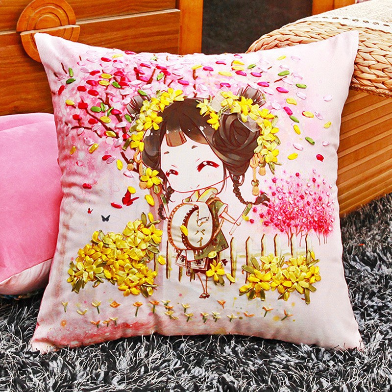 Nueva cinta de seda bordado funda de almohada hecha a mano material de bricolaje paquete cojín cubierta sala de estar tridimensional Cruz puntada entrega de una sola pieza