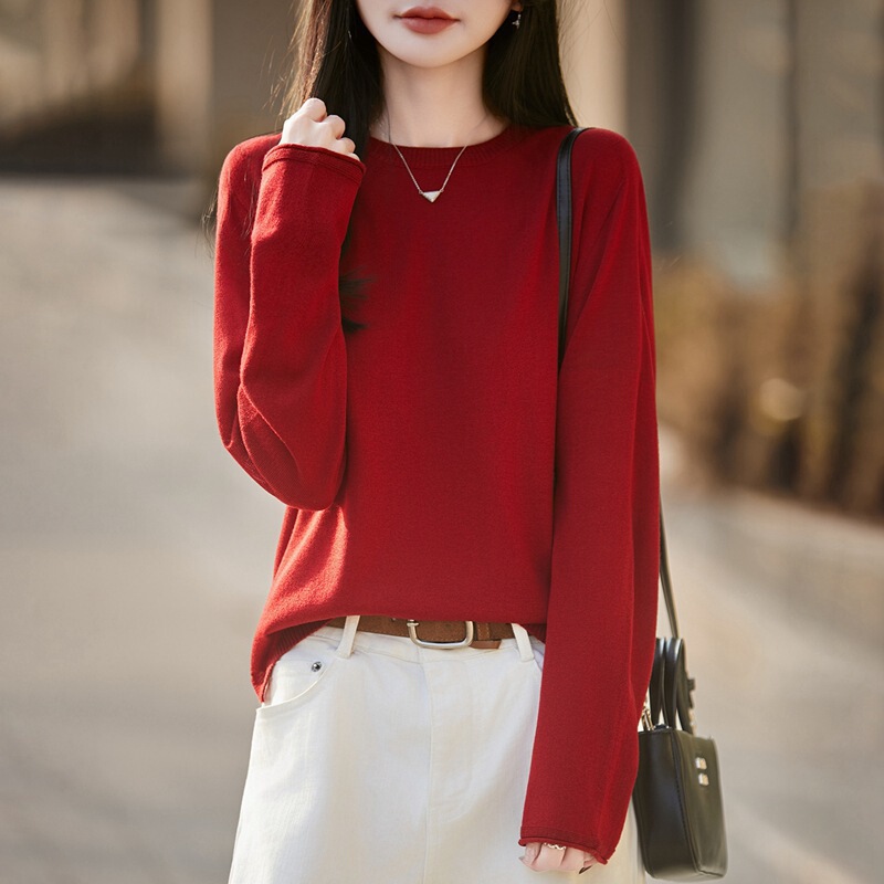 High-End Ready-To-Wear Round-Neck Wool Knit Sweater for Women, Long-Sleeve Rolled-Edge Solid Color Base Shirt, New 2026 Spring/Summer Top