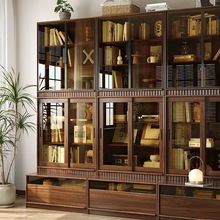 黑胡桃木实木书柜客厅组合满墙一体卡座落地储物柜防尘组合小柜子