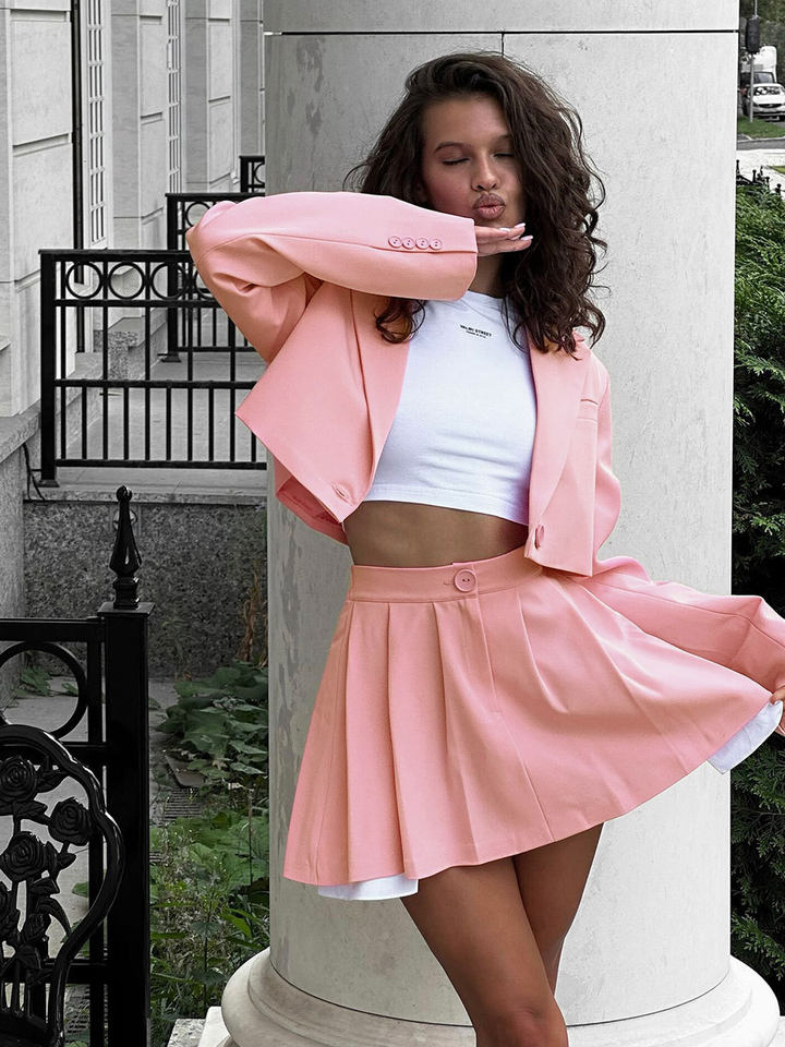 Bộ vest blazer dáng ngắn cổ ve áo kèm chân váy siêu ngắn dài tay — Màu hồng, Màu hồng nhạt, Màu đen, Tất cả các màu đều có trong kho, size L trọng lượng: 670g