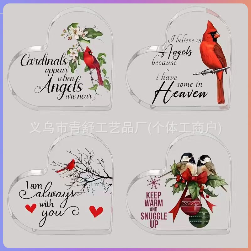 紫色蝴蝶与花卉图案的2D平面心形亚克力装饰品摆件 - 母亲节礼物