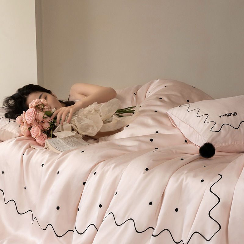Parure de couette brodée à pois avec pompons mélange lyocell_voghion.com