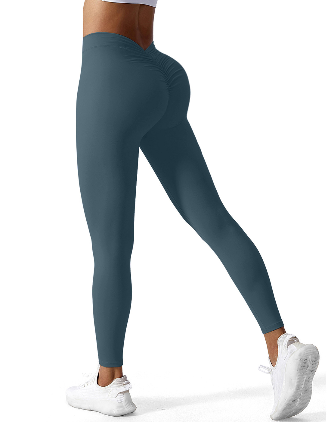 Color sólido cintura espalda V arruga cadera levantamiento nude recortada pantalones de yoga elástico alto transpirable de secado rápido pantalones de fitness para mujeres