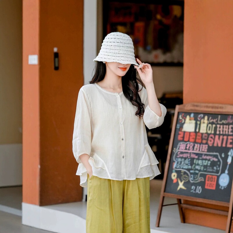 Lace Design Ramie Shirt for Women, Summer Pure Ramie Top, New Fashion Single-Breasted Cardigan, Mid-Sleeve Shirt Lace Design Ramie Shirt for Women, Summer Pure Ramie Top, New Fashion Single-Breasted Cardigan, Mid-Sleeve Shirt