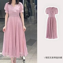 MAR*玛丽林 2022夏季新品女装V领绑带收腰粉蓝波点印花褶皱连衣裙