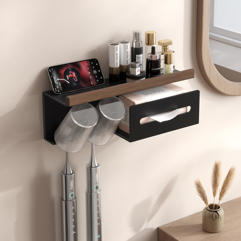 トイレの歯ブラシホルダーの歯のコップの棚の胡桃の木は穴を開けないで壁掛け式の多機能の洗面器の収納棚を掛けます。|undefined