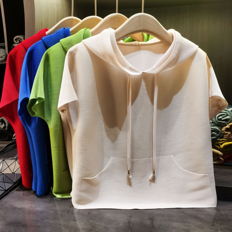 High-End Pleated Hooded Short-Sleeved T-Shirt for Women, New Summer Style, Slimming, Versatile, and Stylish Workwear Top High-End Pleated Hooded Short-Sleeved T-Shirt for Women, New Summer Style, Slimming, Versatile, and Stylish Workwear Top