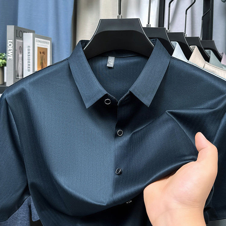 High-End Ice Silk Seamless Short-Sleeved Men's Shirt 2026 Summer Lapel Middle-Aged Business Casual Solid Color Thin Shirt