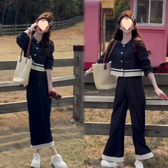 时尚减龄套装女春季新款法式蕾丝花边拼接外套显瘦阔腿裤两件套潮