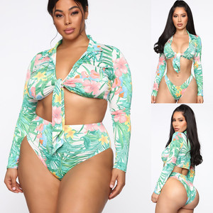 Bikini flower long sleeve sexy high waist large size women Swimwear swimsuit