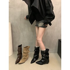 美式辣妹皮带扣裤管靴短筒靴女靴2025早秋新款小众设计短靴西部靴