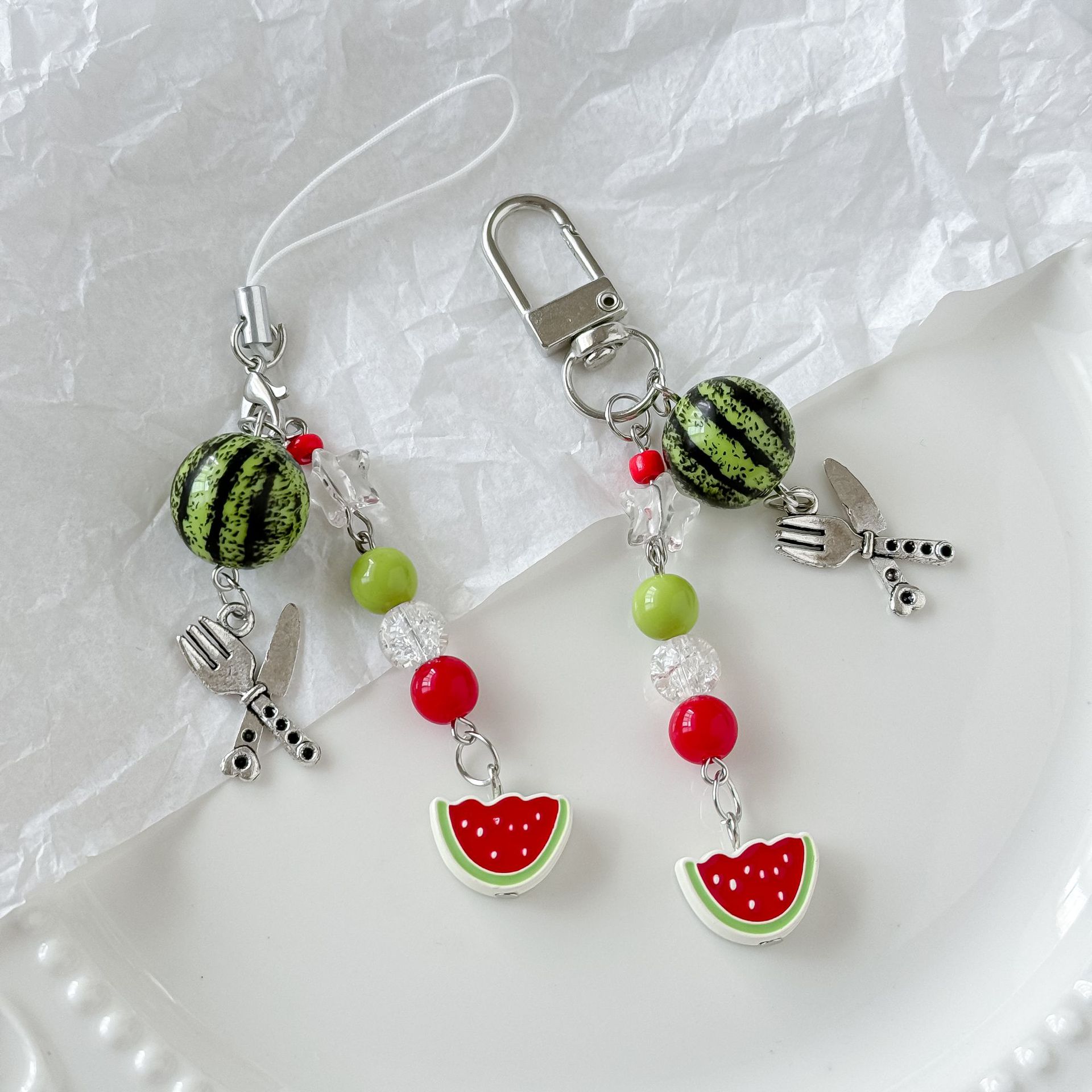 Creative Cute Japanese Cartoon Watermelon Phone Charm Handmade Beaded Keychain Card Holder Bag Accessory Gift Wholesale