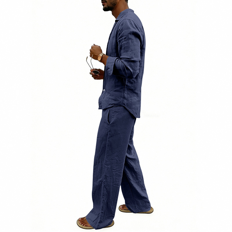 Herren Leinen Freizeithemd Und Hose Set Langarm Anzug_voghion.com
