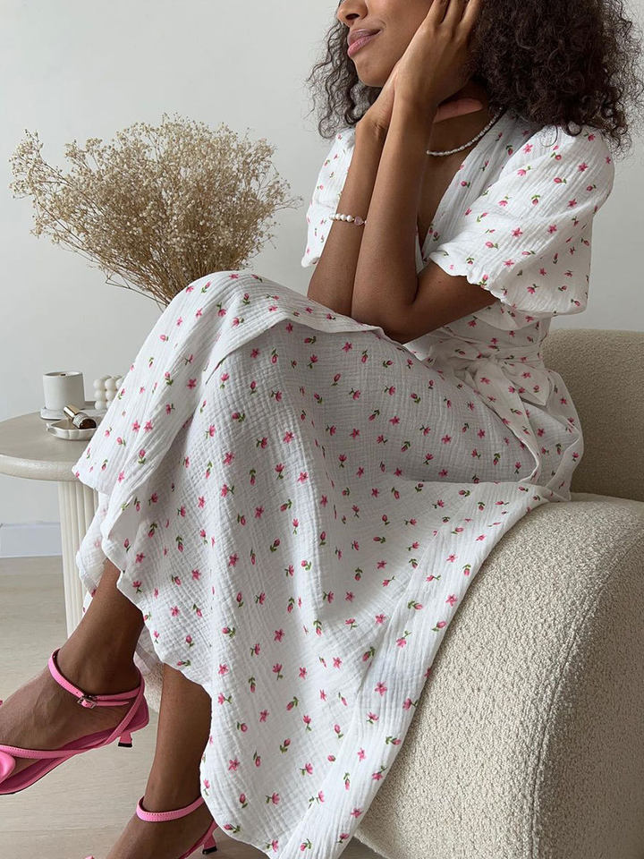 Đầm liền cotton in hoa cổ chữ V tay bồng buộc dây lưng cao — Hoa oải hương, Hoa tulip màu hồng, Màu be, Màu hồng chi tiết 129